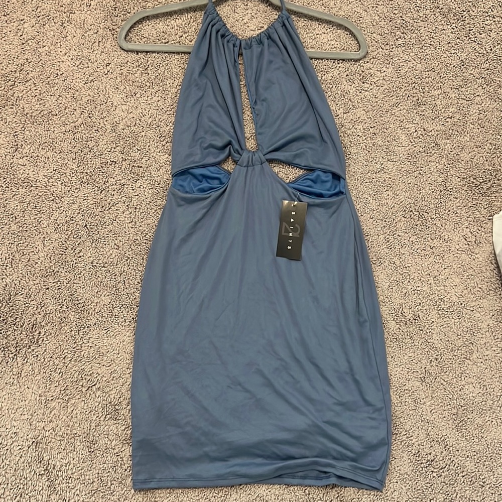 blue halter top body con dress